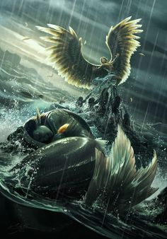 an eagle is sitting on top of a boat in the water, with its wings spread out