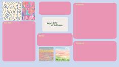 an image of a pink and blue background with different pictures on it, including one day at a time