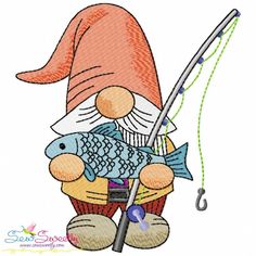 a gnome with a fishing rod and fish