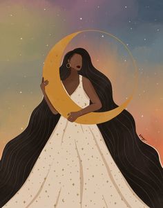 an illustration of a woman in a white dress holding a yellow crescent with stars on it