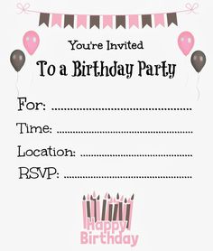 a birthday party card with balloons and streamers