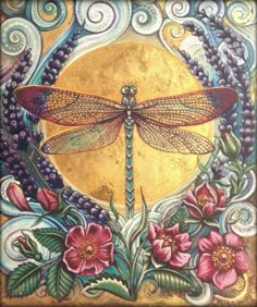 a painting of a dragonfly sitting on top of flowers