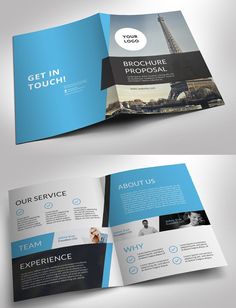 two fold brochure mockup templates with blue and black accents on the front