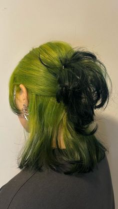 21 Reverse Ombre Hair Color Ideas for a Fresh New Style Green To Black Hair, Colorful Hair Inspiration, Seaweed Green Hair, Reverse Ombre Hair Short, Green Hair With Black Tips, Black And Colored Hair Short, Lime Green Hair Color, Silver Green Hair