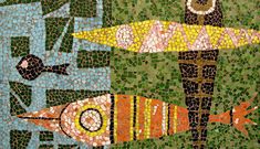 an artistic mosaic depicting a man holding a surfboard