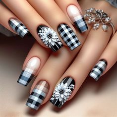 Latest Nails, Daisy Acrylic Nails, Ballerina Acrylic Nails, Plaid Nail Designs, Black And White Nails, Black And White Nail Art, Sheer Nails, Nails Arts, Spring Nail Designs