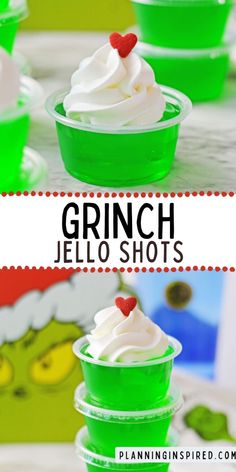 Add some holiday cheer to your party with these adorable Grinch-inspired jello shots! Bright green, sweet, and topped with a red heart sprinkle, they’re perfect for Christmas gatherings. Easy to make and a hit with friends, these festive shots bring the fun to any celebration! Purple Jello Shots Recipe, Grinch Jello Shots, Grinch Jello, Jello Shots With Vodka, White Christmas Sangria Recipe, Shots With Vodka, Candy Corn Jello Shots