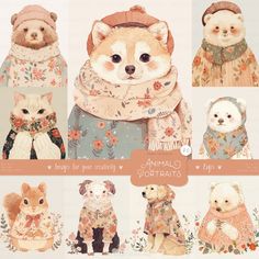 an animal portrait is shown with many different animals in sweaters and scarves,