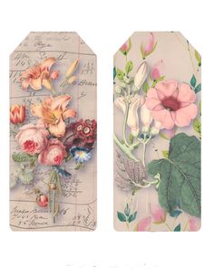 two tags with flowers and leaves on them, one in pink and the other in green