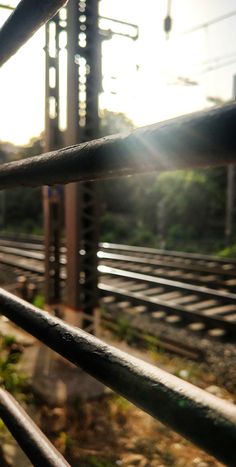 the sun shines brightly through an iron fence near train tracks and power lines in the background