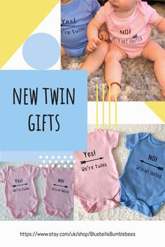 two baby ones sitting next to each other with the words new twin gifts on them