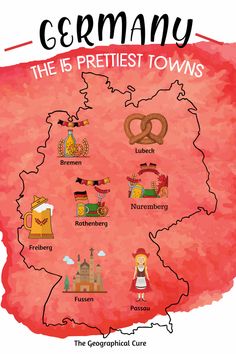 the map of germany with all its towns and their major cities in red watercolor