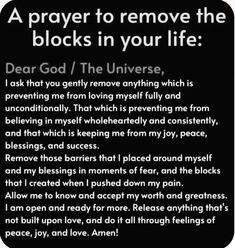 Prayer to remove negative Blockage Remover Affirmations, Karmic Cleansing Spell, Prayer To Remove Blockage, Blockage Removal Spell, Karmic Cleansing, Invocation Prayer, Manifestation Prayer, Spiritual Prayers