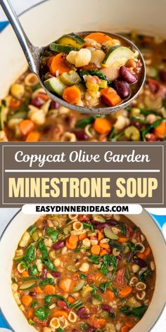 two pictures showing different types of minestone soup in white bowls with spoons and text overlay that reads, copycat olive garden minestone soup