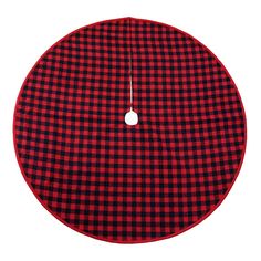 a red and black checkered table cloth with a white circle on the center piece