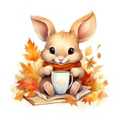 a cute little bunny sitting on top of an open book and holding a coffee cup