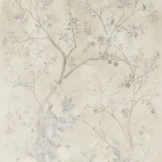 an artistic painting with birds and flowers on it's wall, in grey tones