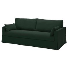 a dark green couch with two pillows on the back and one arm folded over it