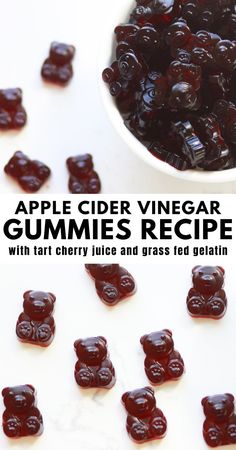 a white bowl filled with gummy bears next to a pile of blueberries and the words apple cider vinegar gummies recipe