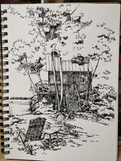 a drawing of a house in the woods with trees and chairs around it on a table