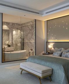 a luxurious bedroom with marble walls and flooring