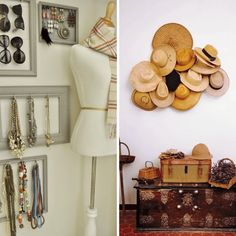 there are many hats on the wall and in the room next to it is an old trunk that has been turned into a hat rack