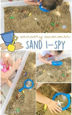 a child playing with sand in the sandbox at an elementary summer beach - i - spy