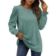 Fantaslook Womens Tunic Tops Crew Neck Long Sleeve Shirts Dressy Blouses This puff sleeve tops for women is a versatile and stylish addition to your wardrobe! Elevate your everyday fashion with womens long sleeve shirts that effortlessly blend comfort and sophistication. The high-quality fabric feels luxuriously soft against your skin, womens tops features crewneck, puff sleeve, pullover, tunic tops, casul style. Dressy blouses for women feature small folds on the shoulders, adding an alluring touch to your upper body. Designed to flatter your figure, the puff sleeves provide a flattering drape, womens tunic tops add a touch of femininity and slimming. Whether you're heading to the office, a casual gathering, or a night out with friends, Womens puff sleeve tops are the perfect go-to choice Dressy Blouses For Women, Womens Tunic Tops, Puff Sleeve Tops, Dressy Blouses, Tunic Tops Casual, Dressy Blouse, Fall Wear, Tops Casual, Women Tunic Tops