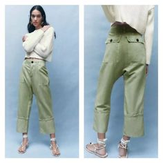 Nwt Zara The Tokyo Trouser High Waisted Pants Linen Blend Cargo Ankle Green New With Tags Approximate Measurements Laying Flat Waist-16” Rise-15” Inseam-23” Smoke Free Home Cropped Cargo Pants, Leopard Pants, Pants Linen, Stretch Dress Pants, Zipper Pants, Black Slacks, Ponte Pants, Pants Large, Red Pants