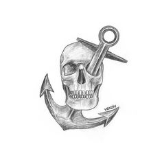 a drawing of a skull with an anchor