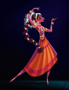 a woman in an orange and pink dress dancing