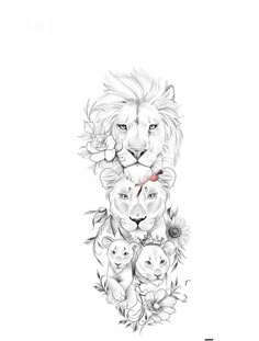 a drawing of a lion surrounded by other animals and flowers on a white paper background