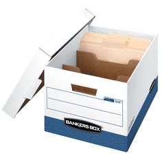 an open bankers box filled with files on a white background