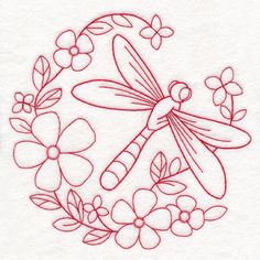 a red dragonfly sitting on top of a white towel next to flowers and leaves