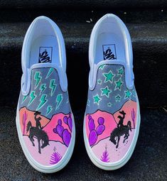 Western 70s on Instagram: “Riding into the night @retro.amiga” Vans Decorated, Diy Painted Vans