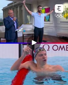 two men are in the water and one is wearing a swim suit with an olympic symbol on it