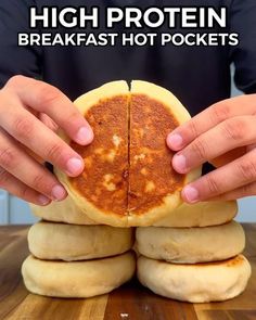 a person is holding up some bread to show how high protein breakfast hot pockets are