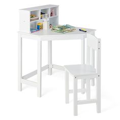 a white desk with two chairs and a bookcase on top of it, against a white background