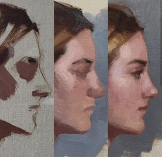 three different colored portraits of women with their faces slightly obscured from the camera, one in front of the other