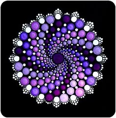 an abstract painting with circles and dots in purple, white and black on a black background