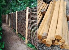 two pictures side by side with logs stacked on top of each other and in between