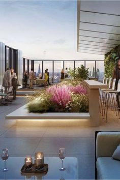 an artist's rendering of a rooftop bar and lounge area with people sitting at tables