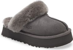 UGG® Disquette Slipper (Women) | Nordstrom Grey Ugg Slippers, Grey Uggs, Grey Ugg, Shoes Png, Sneakers Slippers, Nike Shoes Girls, Product Must Haves, Suede Slippers, Flat Mules