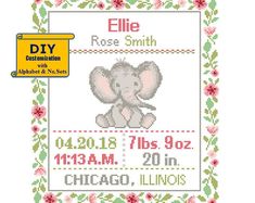 a cross stitch baby announcement with an elephant on it's birth date and flowers