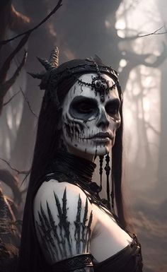 a woman with white makeup and skeleton make up in the woods, wearing black headdress