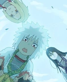 three anime characters standing in the air with one looking up at the sky and two staring