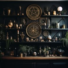 a shelf filled with lots of different types of plants and clocks on top of it