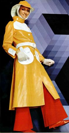 Courreges vinyl raincoat, L'officiel magazine 1970s Vinyl Raincoat, Bloc Party, 70 Fashion, Fashion 1970s, Vinyl Clothing, Fur Coat Vintage