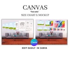 two sets of sofas in front of a wall with pictures on it and the text, canvas size chart & mockup edit easily in canva