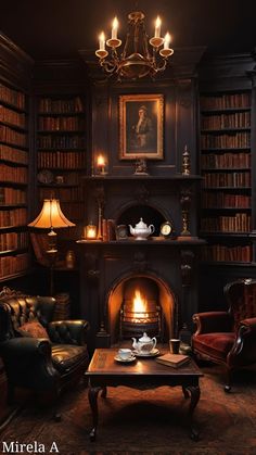 a living room filled with furniture and a fire place next to a bookshelf